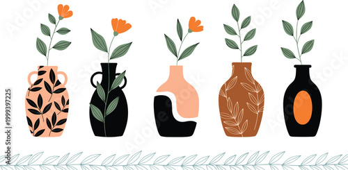 Minimalist Modern Abstract Floral Vase Set with Botanical Leaves and Orange Flowers for Home Interior Decor and Aesthetic Graphic Design Vector Illustration