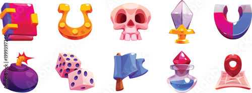 Fantasy world game graphics featuring ancient treasure chest and magical potion jar vector