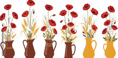 Set of Red Poppy Flower Bouquets in Ceramic Vases with Golden Wheat Ears for Rustic Floral Home Decor Vector Illustration