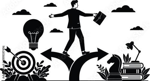 Black and white businessman balancing on split arrow with briefcase beside target lightbulb and chess knight