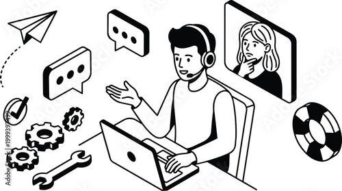 Customer support agent with headset at laptop surrounded by chat bubbles gears wrench lifebuoy paper plane black and white vector