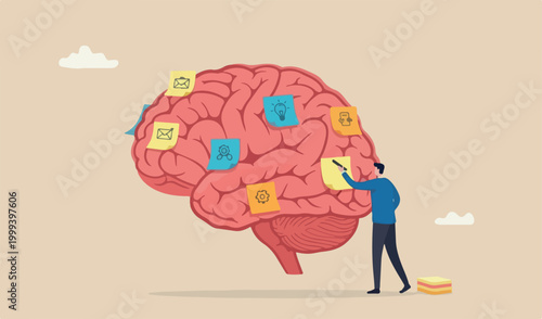 Idea memo, brainstorm or scrum sticky notes, productive plan, memory or task reminder, work arrangement, thought and wisdom concept, businessman write sticky notes human red brain