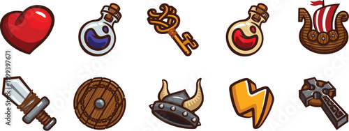 Heroic quest inventory icons featuring treasure box heart gem and viking gear vector