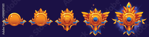 Luxury golden medal rank progression set with blue gem for game interface vector