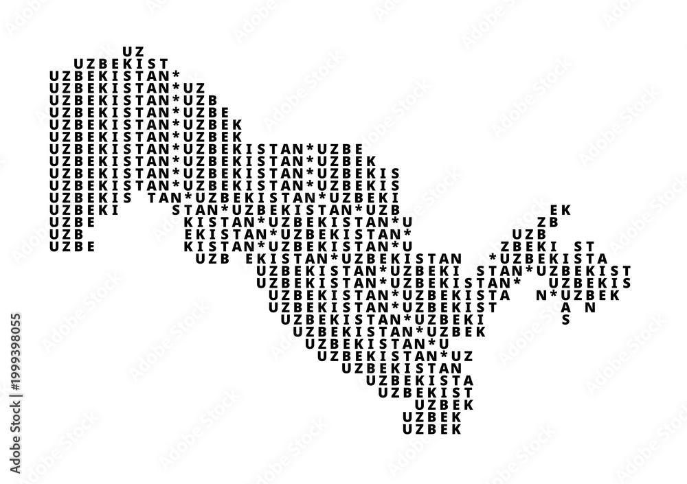 Fototapeta premium Typographic Map of Uzbekistan with a pattern of capital letters only showing the english name of the country