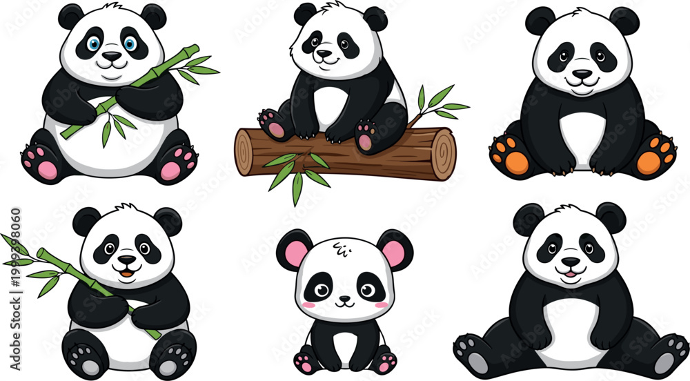 Obraz premium Cute Panda Bear Collection with Cartoon Characters Sitting, Eating Bamboo, and Playing for Kids Design, Animal Illustration, and Adorable Wildlife Graphics Set