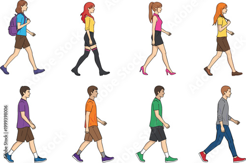 People walking side view collection with men and women casual outfits different styles cartoon vector illustration set isolated on white background