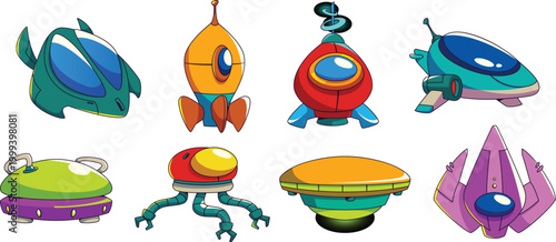 Stylized galaxy icons featuring celestial planets and cosmic flying shuttle ship designs vector