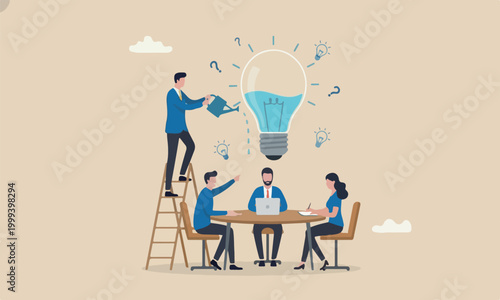 Idea, genius, improvement or career growth concept, smart businessman on ladder watering to fill in liquid in idea light bulb