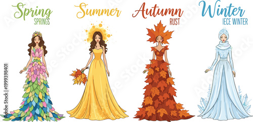Seasonal Fashion Illustration Set, Spring, Summer, Autumn, and Winter Dresses Representing the Four Seasons with Floral and Leaf Designs