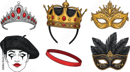Royalty and Masquerade Accessories Set, Crowns, Tiara, Masks, and Berets for Fashion, Performance, and Costume Design Themes