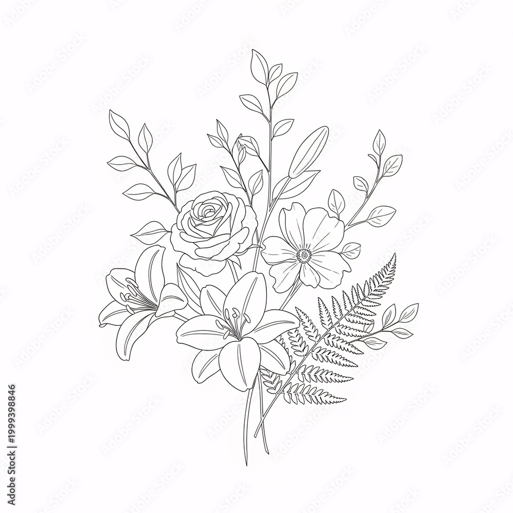 Fototapeta premium A line drawing of flowers and leaves.
