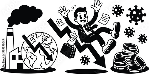 Black and white vector showing businessman falling with downward arrow globe factory smoke and coins