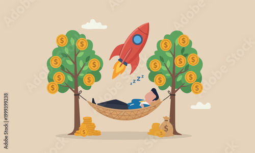 Passive income, rocket no by make profit or dividend from investment and achieve financial freedom concept, happy rich businessman sleeping in hammock tied on money tree with dollar coins