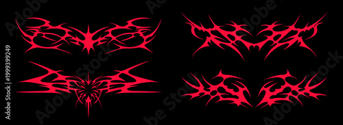 Neo tribal heart tattoo shapes. Symmetrical sharp wings and flame elements. Vector collection