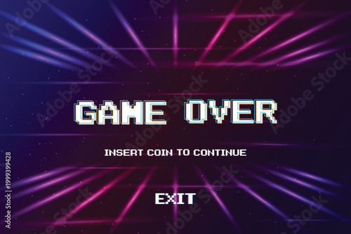 GAME OVER. insert coin to continue or exiting the game's main menu. Modern trendy game background with lighting effect for game assets in vector illustrations.