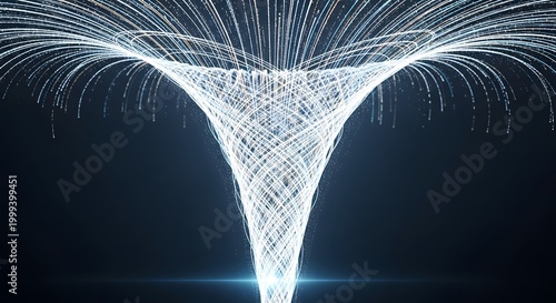 Abstract data funnel and digital information flow. Big data processing and cloud computing infrastructure. Luminous particles spiraling into a central network portal
