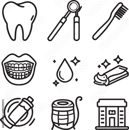 Dental hygiene icons set: tooth mouth tools toothbrush toothpaste as PNG asset