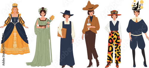 Vintage and Modern Fashion Illustration Set, Women in Historical, Boho, Western, and Contemporary Outfits for Fashion and Design Themes
