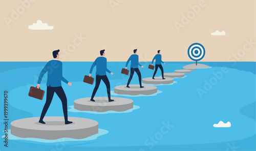 Stepping stones success progress milest pathway target overcome difficulty development stages concept, confidence businessman stepping stones across ocean