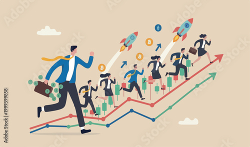 Success trader make profit with investment trading, stock market growth, trading concept, confidence teams dollar green done businessman investor red rocket money running on candlestick graph