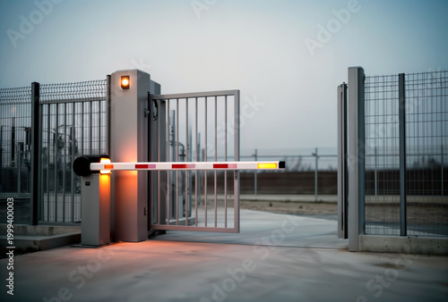 Automated boom gate barrier with orange warning lights at industrial entrance.