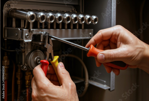 Hands using screwdriver and pliers on metal heating manifold close up.