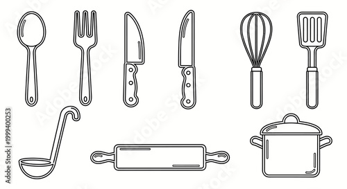 kitchen utensils line art set for cooking and baking illustration