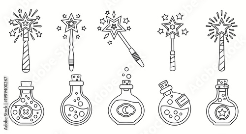 magic wand star icons and potion bottles illustrations for fantasy design
