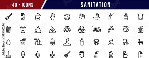 Sanitation and Hygiene Line Icons Set. Cleaning, Waste Management, Water and Disinfection Outline Icons