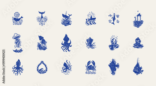 Collection of ocean and sea-themed vector illustrations. Includes waves, marine animals, shells, boats, and underwater elements. Perfect for summer designs and nature projects.