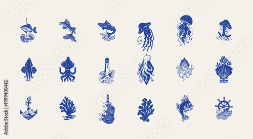 Collection of ocean and sea-themed vector illustrations. Includes waves, marine animals, shells, boats, and underwater elements. Perfect for summer designs and nature projects.