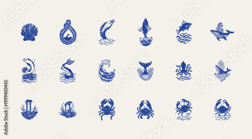 Collection of ocean and sea-themed vector illustrations. Includes waves, marine animals, shells, boats, and underwater elements. Perfect for summer designs and nature projects.