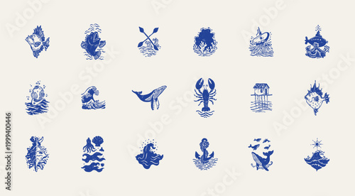 Collection of ocean and sea-themed vector illustrations. Includes waves, marine animals, shells, boats, and underwater elements. Perfect for summer designs and nature projects.