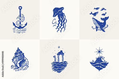 Collection of ocean and sea-themed vector illustrations. Includes waves, marine animals, shells, boats, and underwater elements. Perfect for summer designs and nature projects.