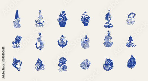 Collection of ocean and sea-themed vector illustrations. Includes waves, marine animals, shells, boats, and underwater elements. Perfect for summer designs and nature projects.
