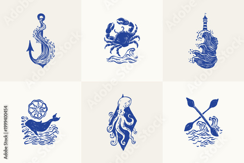 Collection of ocean and sea-themed vector illustrations. Includes waves, marine animals, shells, boats, and underwater elements. Perfect for summer designs and nature projects.