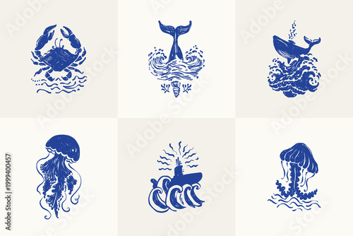 Collection of ocean and sea-themed vector illustrations. Includes waves, marine animals, shells, boats, and underwater elements. Perfect for summer designs and nature projects.