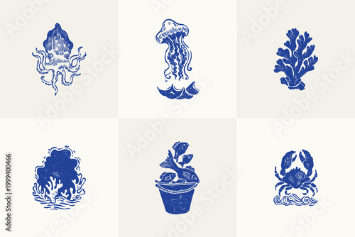 Collection of ocean and sea-themed vector illustrations. Includes waves, marine animals, shells, boats, and underwater elements. Perfect for summer designs and nature projects.