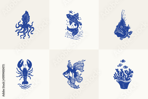 Collection of ocean and sea-themed vector illustrations. Includes waves, marine animals, shells, boats, and underwater elements. Perfect for summer designs and nature projects.