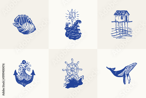 Collection of ocean and sea-themed vector illustrations. Includes waves, marine animals, shells, boats, and underwater elements. Perfect for summer designs and nature projects.