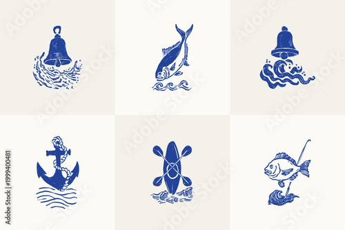 Collection of ocean and sea-themed vector illustrations. Includes waves, marine animals, shells, boats, and underwater elements. Perfect for summer designs and nature projects.