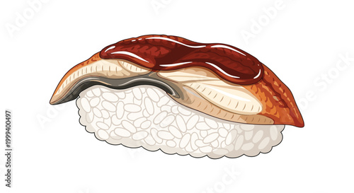 Delicious piece of unagi nigiri sushi featuring a slice of grilled eel over a small bed of seasoned sushi rice.