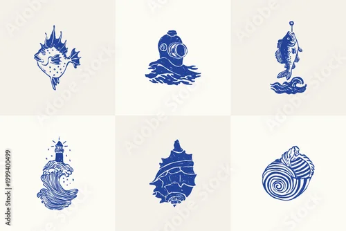 Naklejka Collection of ocean and sea-themed vector illustrations. Includes waves, marine animals, shells, boats, and underwater elements. Perfect for summer designs and nature projects.