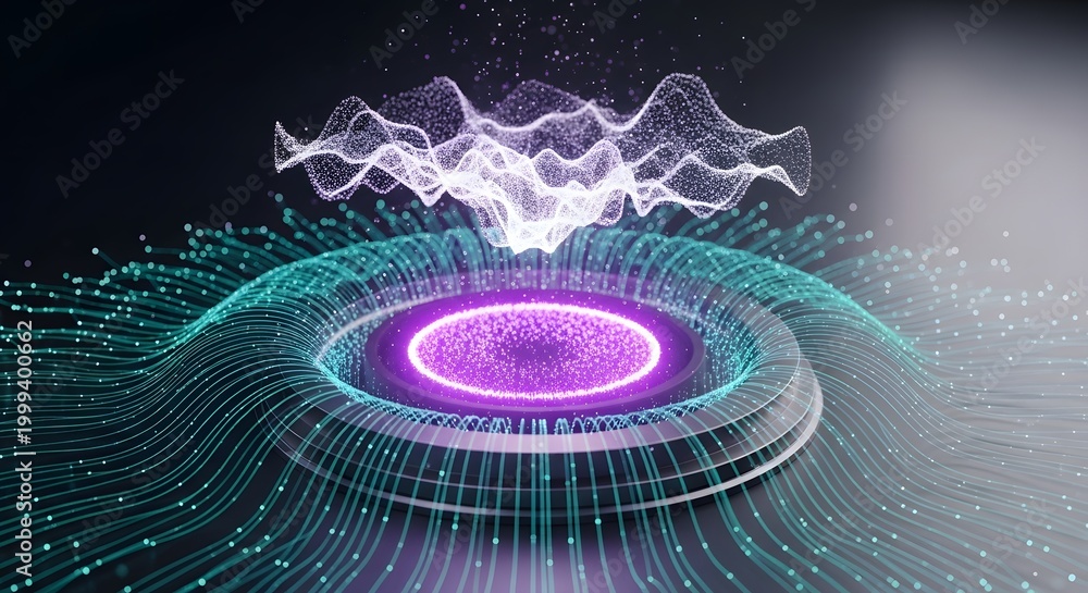Obraz premium Neural network interface and synaptic data transmission system. Artificial intelligence and deep learning. Particle wave clouds floating above a glowing circular processing unit