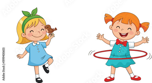 Cute little girls playing with toy and hula hoop happy children cartoon vector illustration isolated on white background for kids activity design