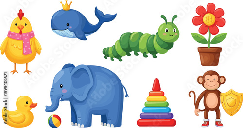 Cute cartoon animals and toys set with elephant caterpillar whale duck monkey and stacking rings colorful vector illustration isolated on white background