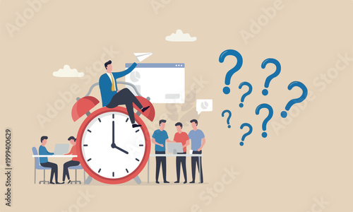 Productivity, together time management or project deadline, best performance employee concept, smart relax businessman sitting on alarm clock launching paper airplane
