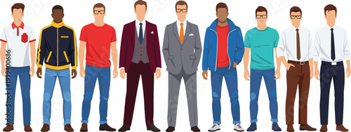 Group of men in different outfits from casual to business wear standing together diversity people cartoon vector illustration isolated on white background