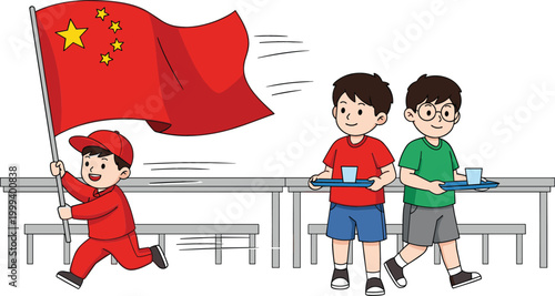 Children carrying Chinese flag and students holding trays in cafeteria, cartoon vector illustration representing school life, patriotism and daily activities